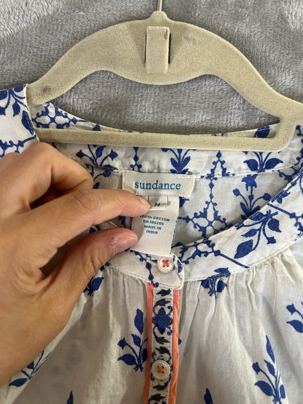 Sundance White Button-Down Shirt with Blue Print and Orange Trim - Picture 2 of 8